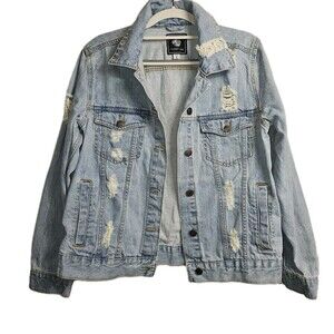 1 Sunset Lane Jacket Womens S Blue Denim Distressed Collared Button Pockets
